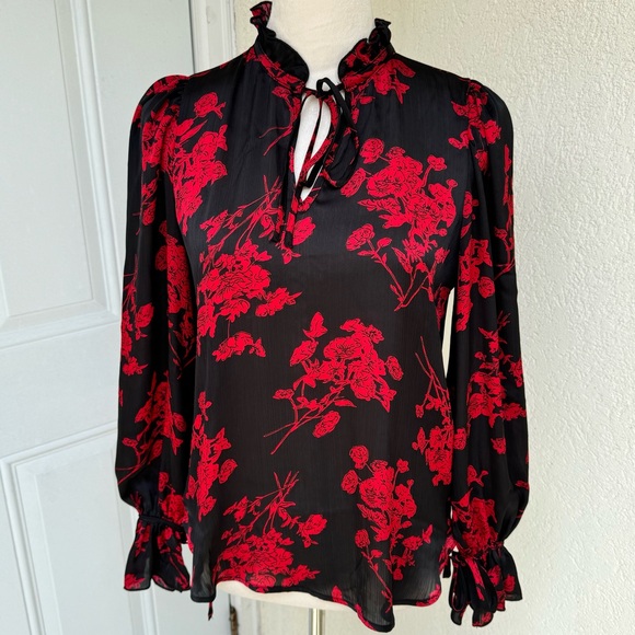 Haver-London Tops - HAVER-LONDON- Red & Black, Long Bell Sleeves Blouse. Ruffles around Neck…